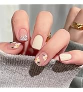 Flower Press on Nails Short Square Fake Nails Milk White Stick on Nails Full Cover Small Flowers ...