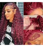 Jefuzh 26 inches Burgundy Lace Front Wigs Human Hair 99J 13x4 HD Deep Wave Lace Front Wigs Human ...
