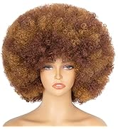 70's Afro Wig for Women, Mixed Brown Short Afro Kinky Curly Wig, Glueless Synthetic Wig with Bang...