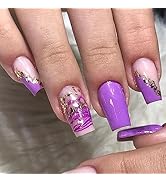 Medium Press on Nails Coffin Fake Nails Nail Tips Full Cover Artificial Acrylic Golden Foil Desig...