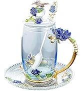 Glass Tea Cup Coffee Mug, Handicraft 3D Vintage Flower Cup with Lid Coaster and Tea Spoon, Unique...