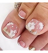 Press on Toenails Square Short Fake Toenails Pink White French Tip Toe Nails with Floral Rhinesto...