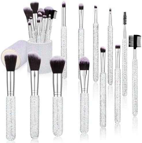 Nuogo 13 Pcs Rhinestone Makeup Brushes Set 12 Bling Crystal Professional Face Cosmetics Blending Liquid Foundation Powder Concealer Eye Shadows Make up Beauty Tool Glitter with 1 Holder