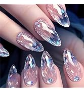 Rhinestones Press on Nails for Art with Diamond Design, Glossy Blue Gradient Medium Almond Acryli...