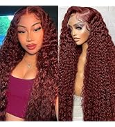 htsly Reddish Brown Lace Front Wigs Human Hair Pre Plucked Water Wave Wig Auburn Colored 13x4 HD ...