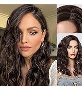 Allbell Wavy Wigs Brown Highlight Side Part Wigs for Women 160 Density Glueless Synthetic Hair Lo...