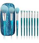 YUWAKU Make Up Brush Set, 10 Piece Soft Peacock Blue Makeup Brushes Portable Kabuki Liquid Cream ...