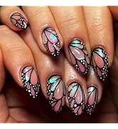 3D Butterfly Wings Press on Nails Green Gradient False Nails Black Curve Line Gel Glue on Nails M...