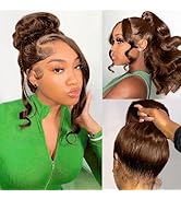Hidden Strap Drawstring Wig 360 Lace Front Wigs Human Hair Pre Plucked, 200 Density Chocolate Bro...
