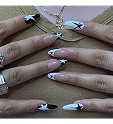 Press on Nails Medium Almond French Tip Fake Nails Full Cover False Nails with Black and White St...