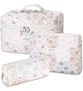 senbowe Floral Makeup Bag, 3 Pack Large Cotton Quilted Makeup Bag Set, Cute Floral Coquette Aesth...