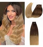 Anrosa Remy Hair Extensions Tape in Human Hair Darker Brown to Light Golden Brown Skin Weft PU Se...