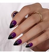 KQueenest Purple Black Press On Nails Short Almond, Ombre French Press On Nails with Glue, Dark F...
