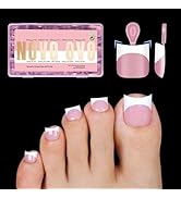NOVO OVO Short Toe Nail Tips White French Tip Press on with Moon Curve, BERRY PINK Thick Sharp Sq...