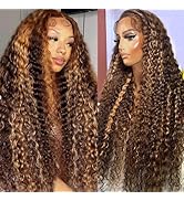 Cfaimity 30inch Highlight Ombre Lace Front Wig Human Hair 13x6 HD Honey Blonde P4/27 Deep Wave La...