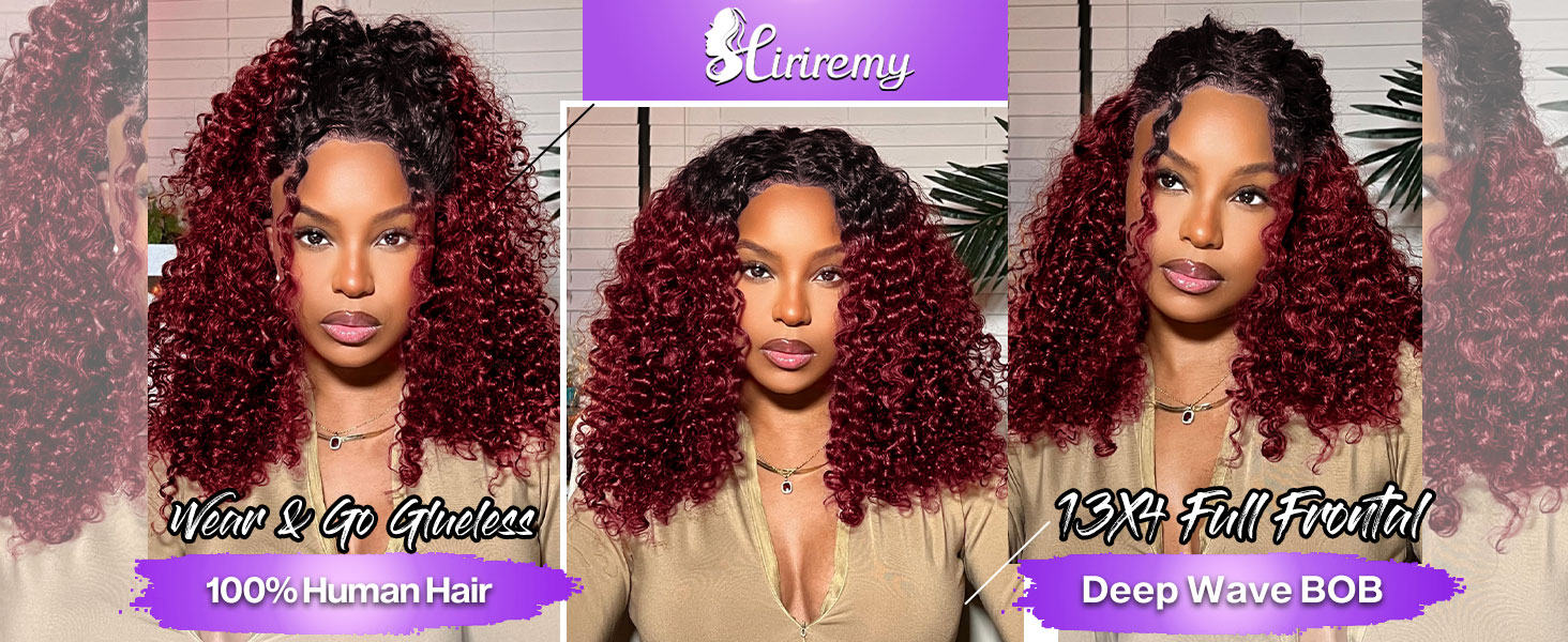 ombre 99j burgundy deep wave lace front bob wigs human hair wine red 1b/99j short curly bob