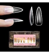 NOVO OVO Long Almond Nail Tips NATURAL (Not SCULPTED) for Flat Nail Beds, Extra Thick L Length Fa...