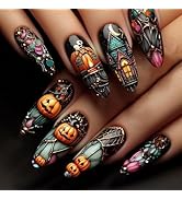 24 Pcs Halloween Press on Nails Short Almond Nail Tips,YEFIUO Acrylic Nail Kit Fake Nails Press o...