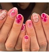 24 Pcs Oval Press on Nails Short Almond Nail Tips,YEFIUO Ombre Pink Fake Nails Press ons French G...