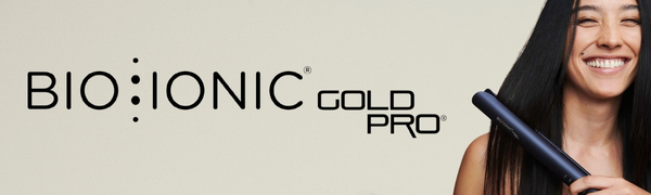 bio ionic gold pro logo with model styling hair with flat iron
