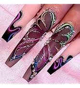 Extra Long Press on Nails Coffin Acrylic Nails Full Cover False Nails with Rhinestones Butterfly ...
