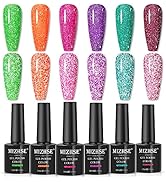 MIZHSE Reflective Neon Gel Nail Polish, Shimmery Glitter Gel Polish Kit 6 Pcs, Sparkly Shiny Gel ...
