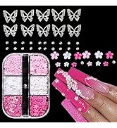 3D Flowers for Nails, 3D Flowers Nail Charms, Metal Butterfly Nail Charms with Nail Gems, Pink Wh...