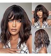 Allbell Black mixed Auburn Wigs for Women Short Wavy Bob Wig with Bangs for Women Synthetic Short...