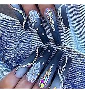 24Pcs Luxury Press on Nails Extra Long Coffin Fake Nails with Rhinestones & Flower Designs Artifi...