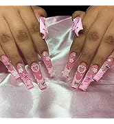 Pink Press on Nails Long Square MABKJLF French Tip Fake Nails Full Cover Pink Bow Star Charm Fals...