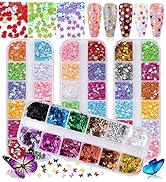 Kalolary 4boxes Butterfly Heart Shape Nail Art Glitter Sequins, Laser Holographic 3D Thin Star He...