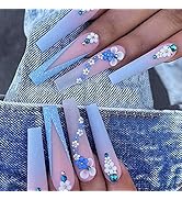 24Pcs Long Press on Nails Coffin Fake Nails with Flowers Designs Full Cover Acrylic Nails Matte F...