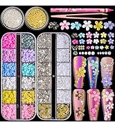 4400pcs 3D Flower Nail Charms and Gems, Colorful Flower Charms for Nails Design, 4 Boxes Nail Rhi...