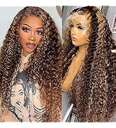 Highlight Ombre 13x4 Lace Front Wig Human Hair Pre Plucked HD Transparent 4/27 Honey Blonde lace ...
