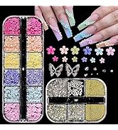 3D Flowers Nail Charms, 3D Pink Pastel Acrylic Flower for Nails, Gold Caviar Beads Nail Decoratio...