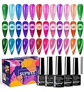 SUPWEE Neon Cat Eye Gel Polish Set with Magnetic, Sparkle Glitter Cateye Nail Polish Gel Holograp...