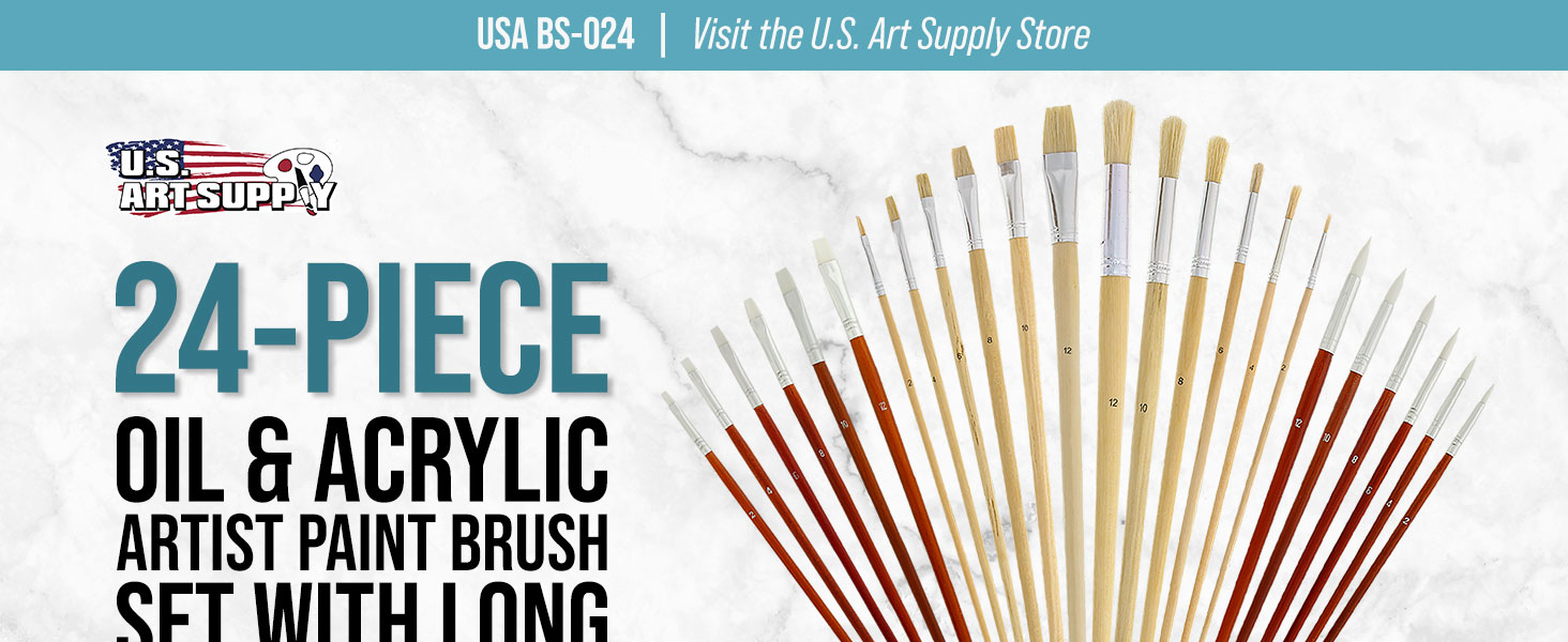 24pc oil & acrylic paint brush set with long handles, canvas roll-up holder for artists