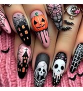 24 Pcs Halloween Press on Nails Short Almond Nail Tips,YEFIUO Acrylic Nail Kit Fake Nails Press o...