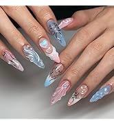 Pink Blue Press on Nails Medium Almond Fake Nails Summer False Nails with Designs 3d Heart Pearl ...