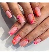 Press on Nails Medium Square Fake Nails Marble False Nails Pink Orange Gradient Glossy Glue on Na...