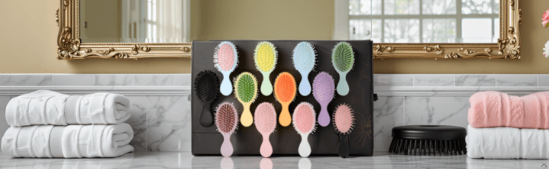 A vibrant array of colorful hair brushes arranged on a wooden surface.