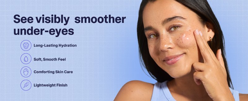 See visibly smoother under-eyes, woman applying moisturizer to her cheek