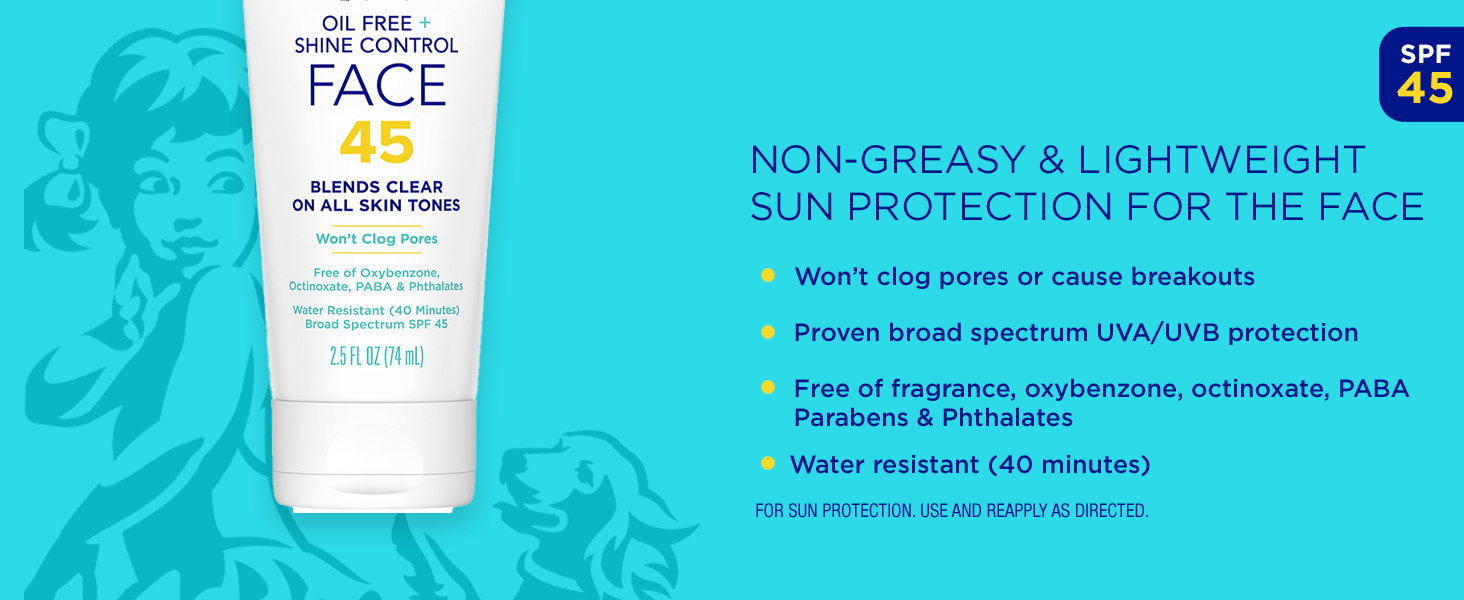 Non-geasy and lightweight sun protection for the face - SPF 45. Won't clog pores. Water resistant.