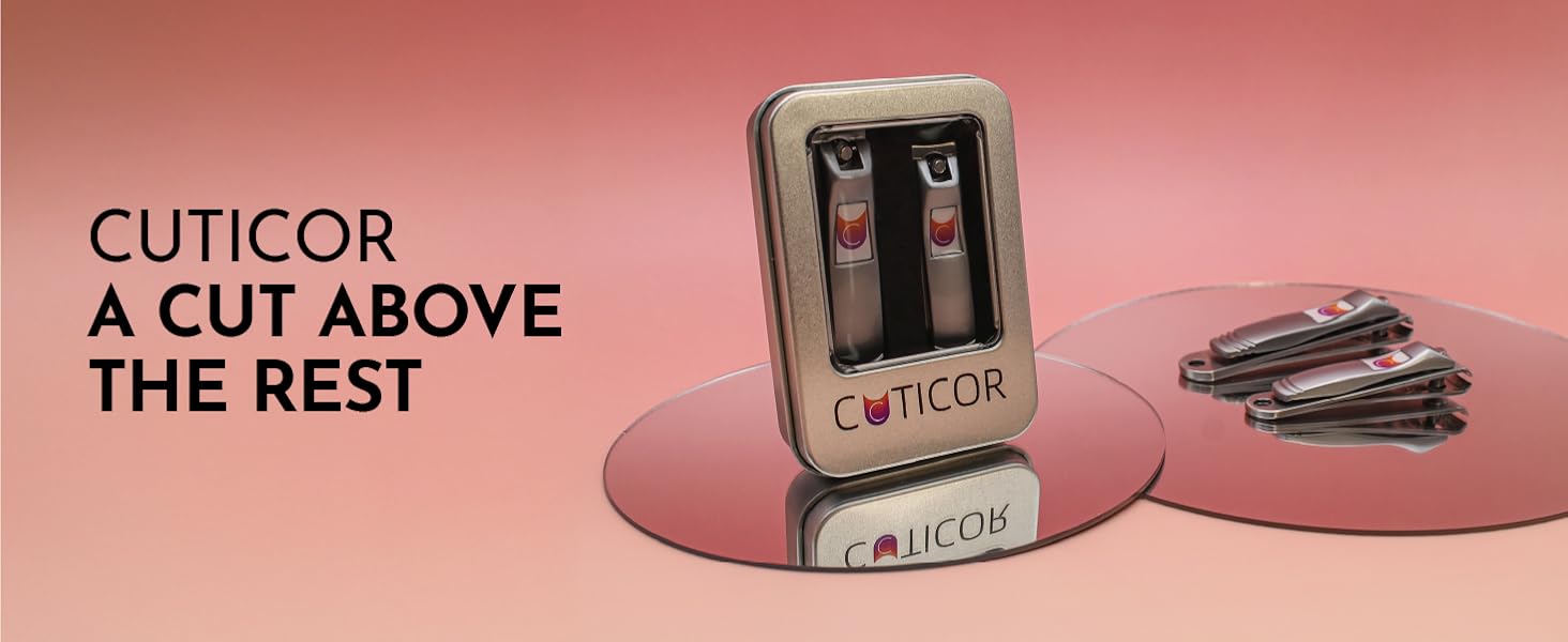 A set of nail clippers sit to the right side of a stainless steel case that says Cuticor.