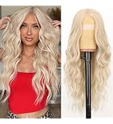 AISI HAIR Platinum Blonde Highlight Wig for Women, Long Wavy Lace Hairline Middle Part Synthetic ...
