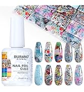 BURANO Nail Art Nail Foil Glue Gel, o.5 oz with 10PCS Foil Stickers Set Nail Foil Glue for Nails ...