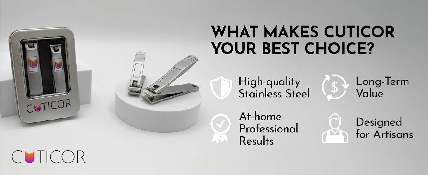 Two sets of Cuticor nail clippers are flanked by a four text descriptions.