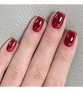 24 Pcs Cat's Eye Press On Nails Short Square YEFIUO Red Glitter Fake Nails Press ons Nail Art Tip...
