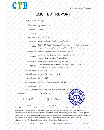 FCC Certification of JELLYFISH Dog Dryer for Pet Grooming High Velocity Force Blower