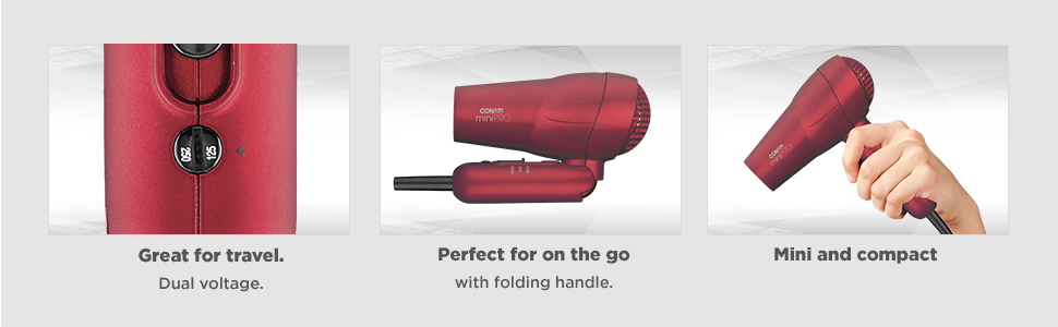 Dual voltage travel hair dryer, perfect blow dryer for on the go, folding handle, mini compact dryer